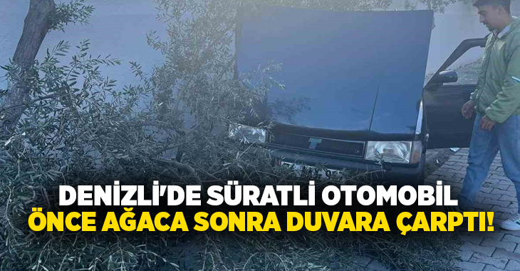 Denizli’de süratli otomobil duramayınca önce zeytin ağacına, ardından duvara çarparak