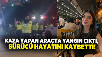 İzmir’in Menderes ilçesinde beton bariyerlere çarptıktan sonra alev alan otomobilde