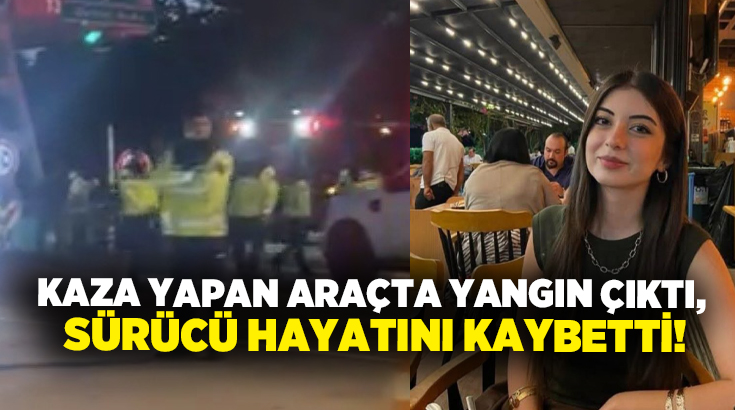 İzmir’in Menderes ilçesinde beton bariyerlere çarptıktan sonra alev alan otomobilde