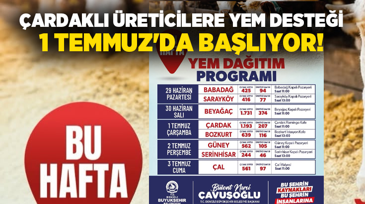 Denizli Büyükşehir Belediyesi'nin üreticilere yönelik yem dağıtım programı kapsamında Çardak'ta