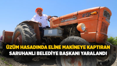 Saruhanlı Belediye Başkanı Ekrem Cıllı, üzüm hasadı sırasında elini makineye