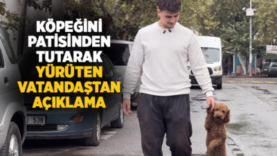 Manisa'nın Akhisar ilçesinde, köpeğini ön patisinden tutarak yürüttüğü anlara ait